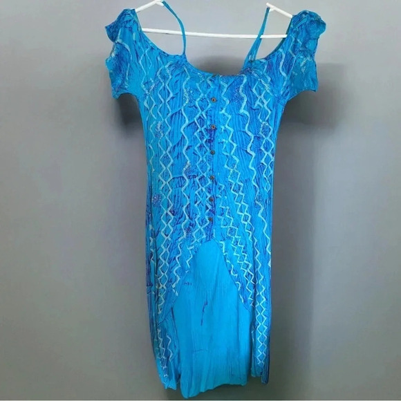 Anthropologie Raga Embroidered Printed Cold Shoulder Hi Low Dress Blue S - Picture 1 of 3